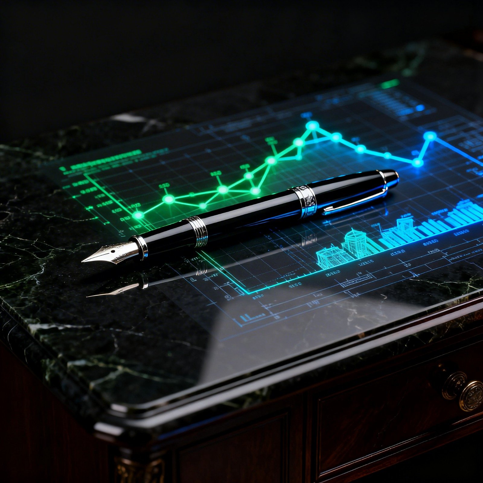 A imagem mostra uma caneta em cima de um tablet que demonstra um gráfico de desempenho de uma empresa