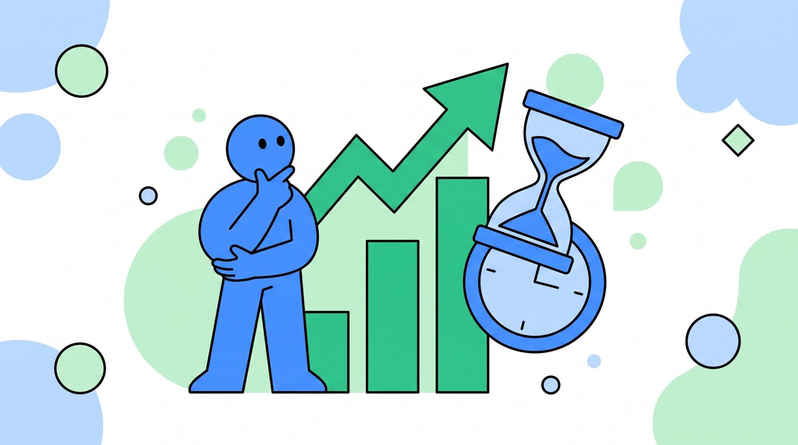 Ilustração: personagem pensativo observando um gráfico de crescimento e uma ampulheta, representando o momento certo para investir em tráfego pago