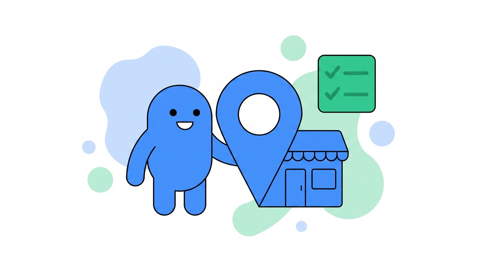Ilustração: personagem ao lado de um pino de localização com uma loja e um checklist, representando otimizar o perfil no Google Meu Negócio