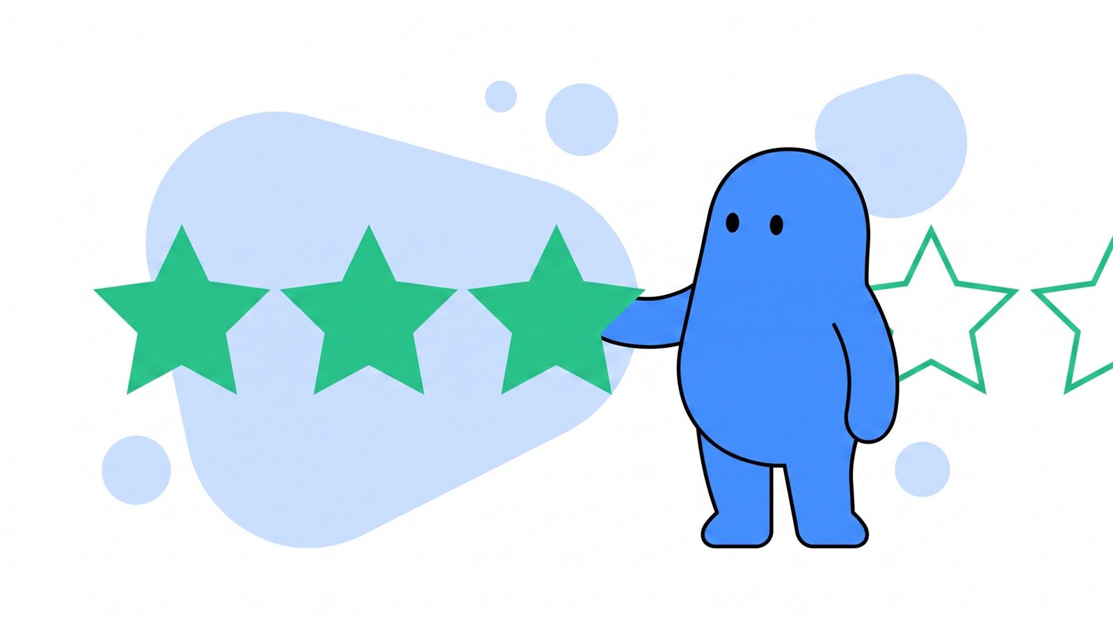 Ilustração: personagem ao lado de estrelas representando avaliações de clientes