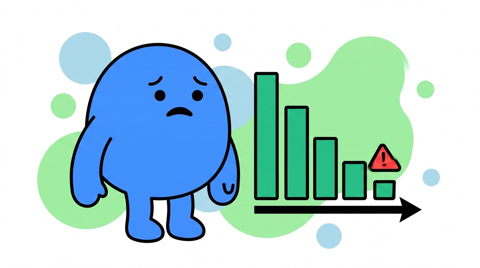 Ilustração: personagem preocupado observando uma bandeira de alerta perto de um gráfico em queda