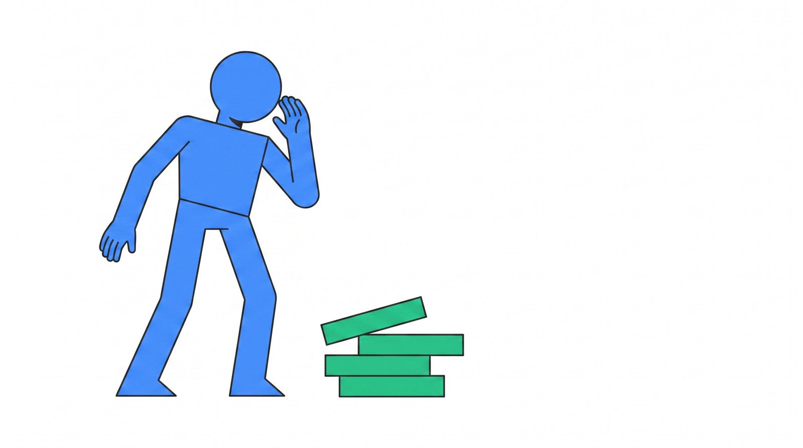 Ilustração: personagem observando uma pilha de blocos prestes a cair