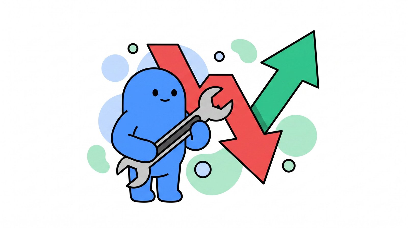 Ilustração: personagem ajustando com uma chave de boca uma seta vermelha que se transforma em verde