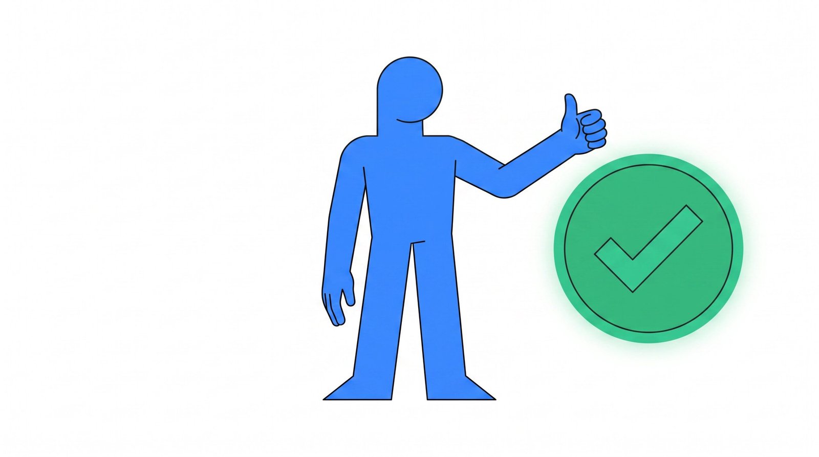 Ilustração: personagem confiante ao lado de um selo de confirmação verde