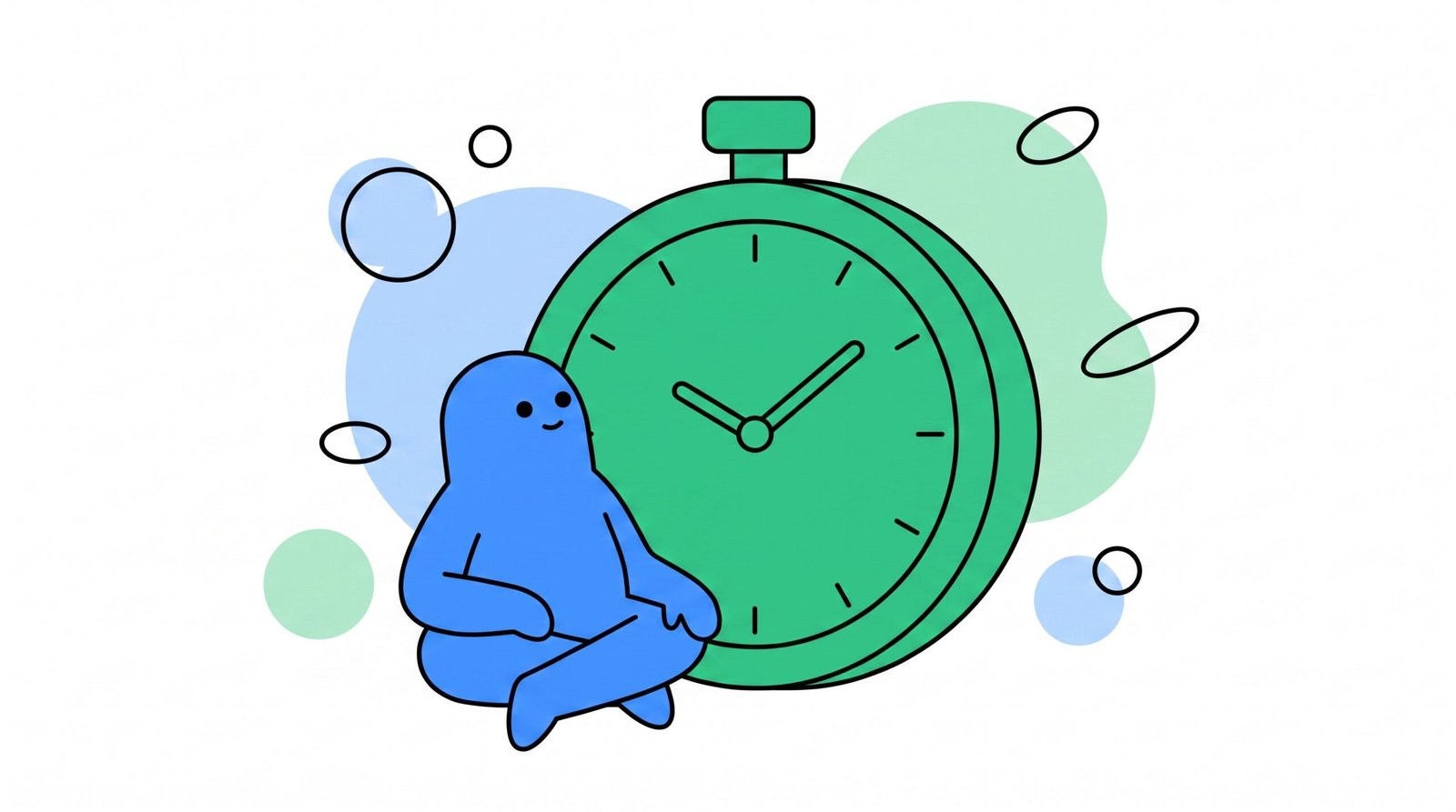 Ilustração: personagem observando um cronômetro, representando o teste de quinze minutos