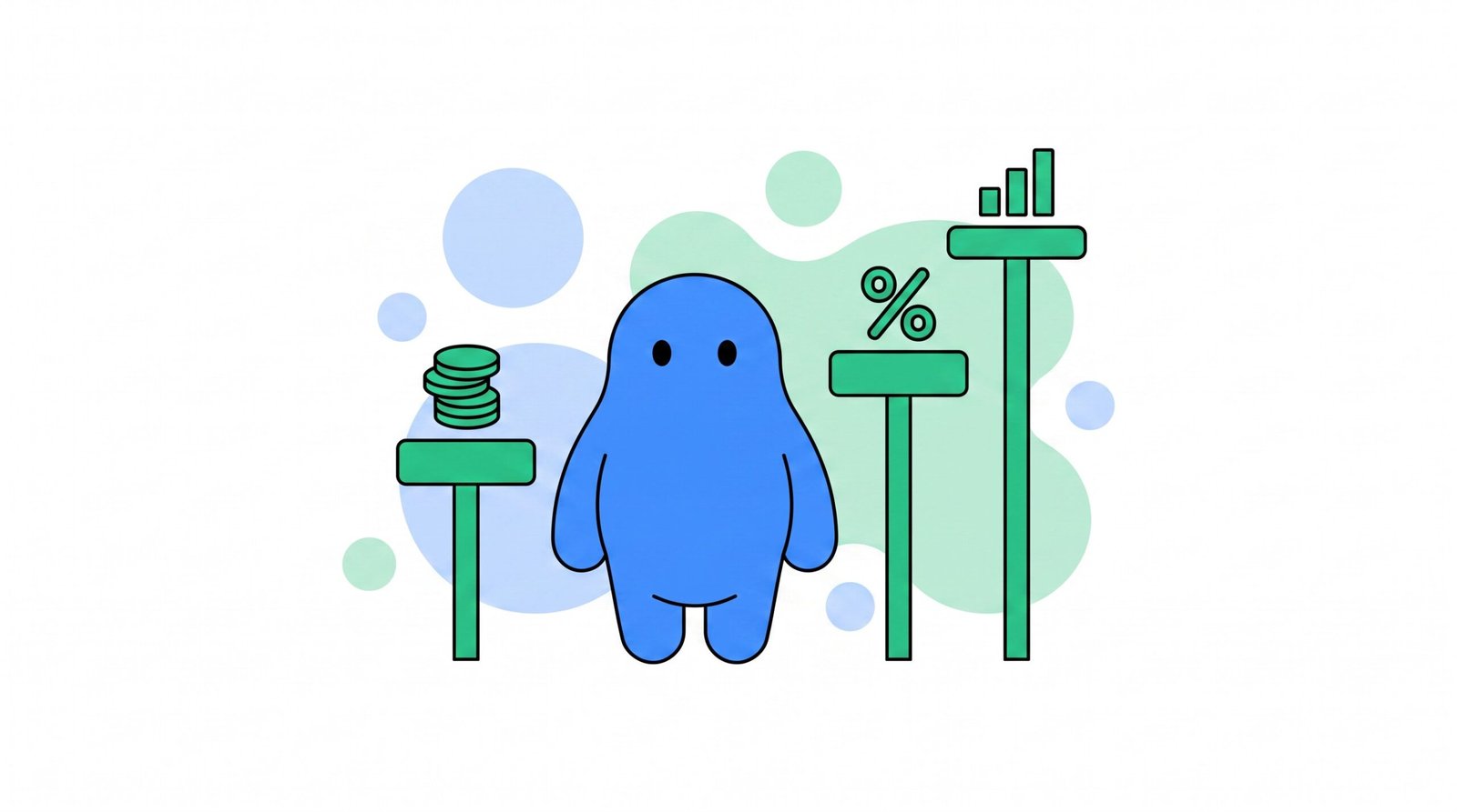 Ilustração: personagem entre três pedestais representando os três modelos de cobrança