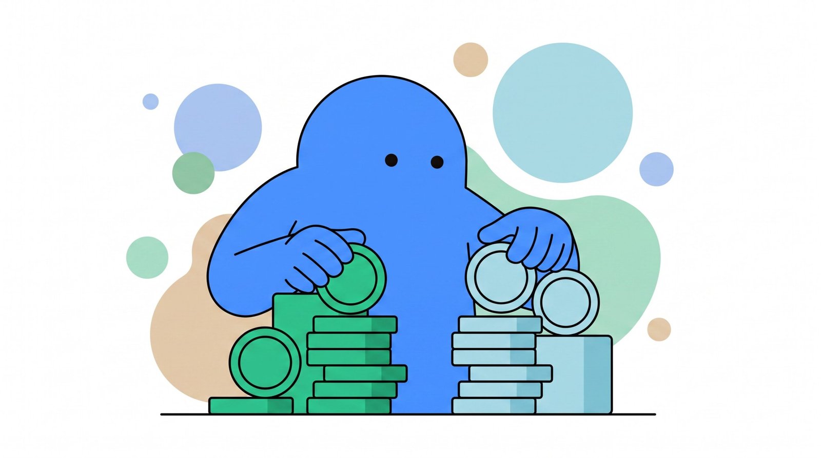 Ilustração: personagem separando duas pilhas de blocos, representando a verba de mídia separada da taxa de serviço